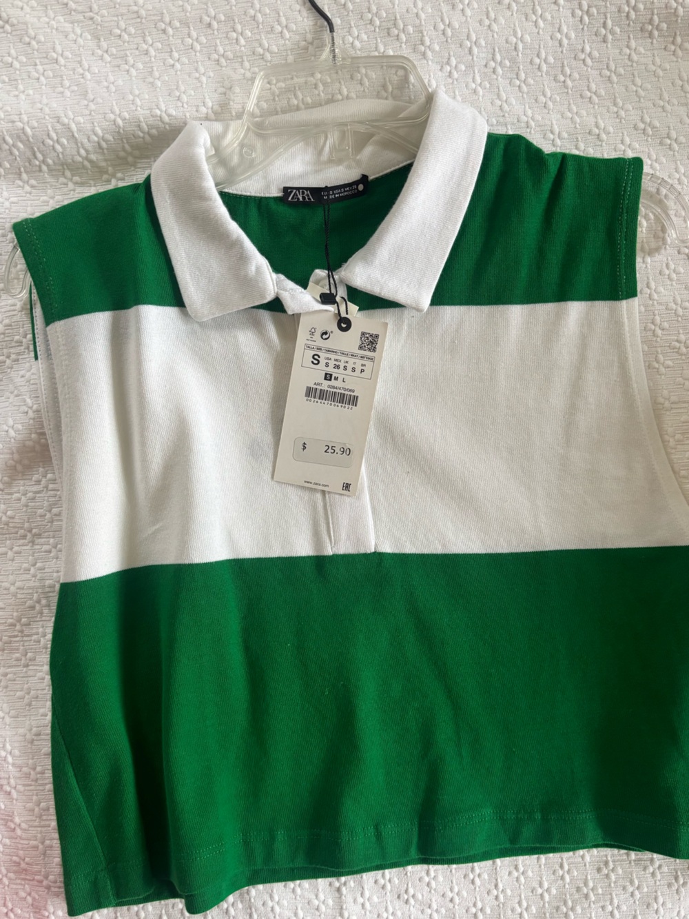 Zara White and Green Striped Polo Crop Top